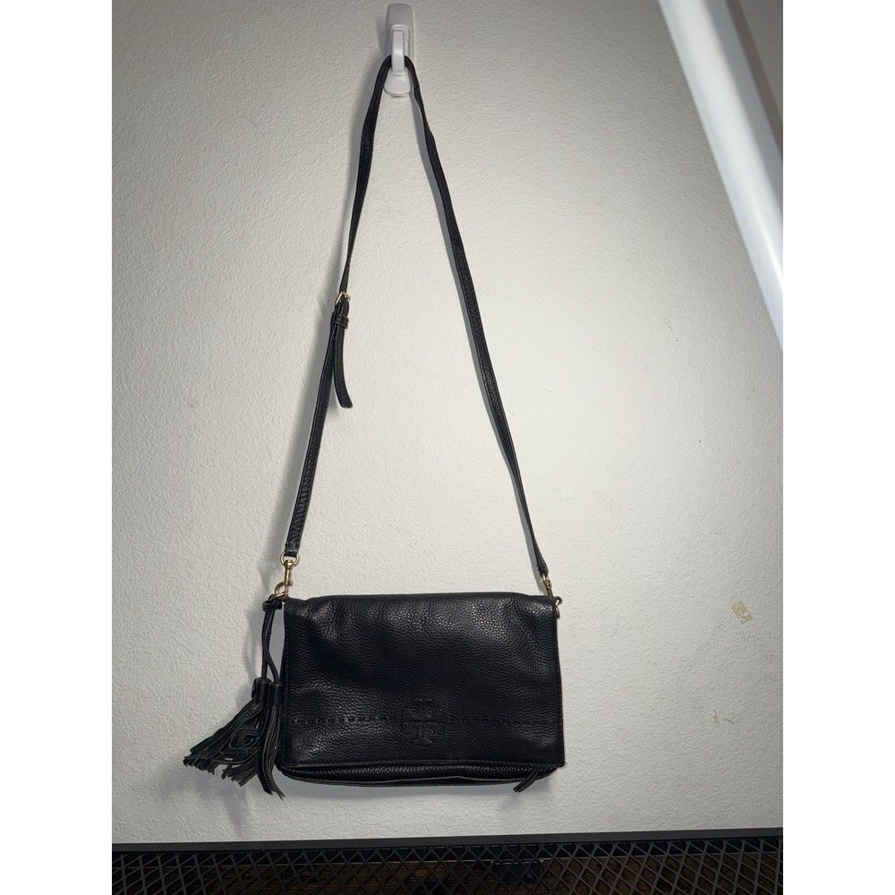 Vintage Tory‎ Burch McGraw Fold-Over Black Pebbled Leather Crossbody Tassel Bag